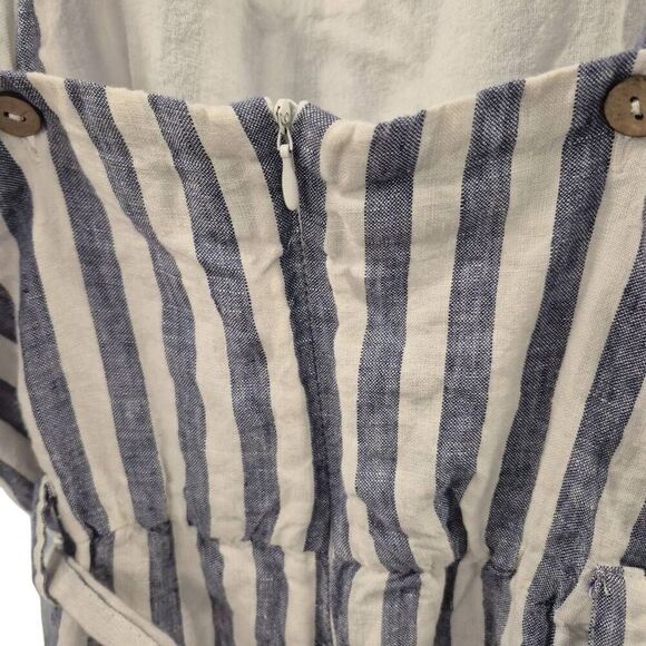 Rachel Zoe Women's White & Blue Linen Striped Romper with Pockets, Sash & Adjust - Picture 9 of 15